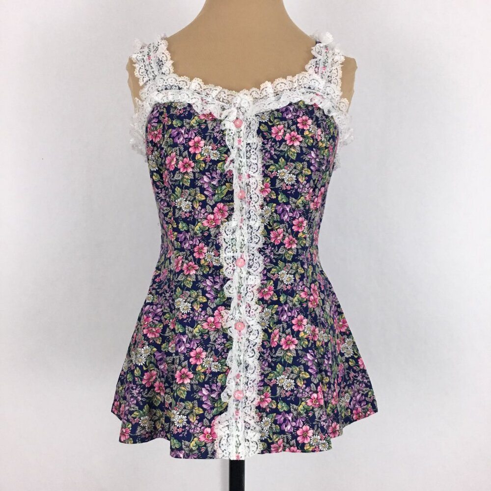 80s Floral Lace Trim Vintage Top Co-ord Set - Picture 4 of 13